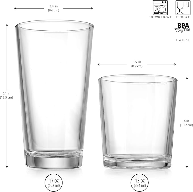 Glaver's Drinking Glasses Set of 12. Glassware set, 6 Highball Glass Cups, 6 Whiskey glasses. Classic Drinkware Set 17 oz Tall Glasses Set and 13 oz Rock Glasses.