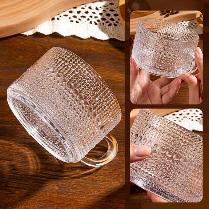 6 PACK Vintage Glass Coffee Mugs 14oz Clear Embossed Tea Cup Set - Image 5