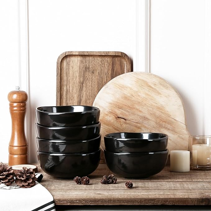 vicrays Ceramic Cereal Bowls Set - Porcelain 26 Ounce Soup Salad Bowls Set - Rice Dessert Cream Bowls Set - Chip Resistant Dishwasher Microwave Safe - Set of 6 (Black)