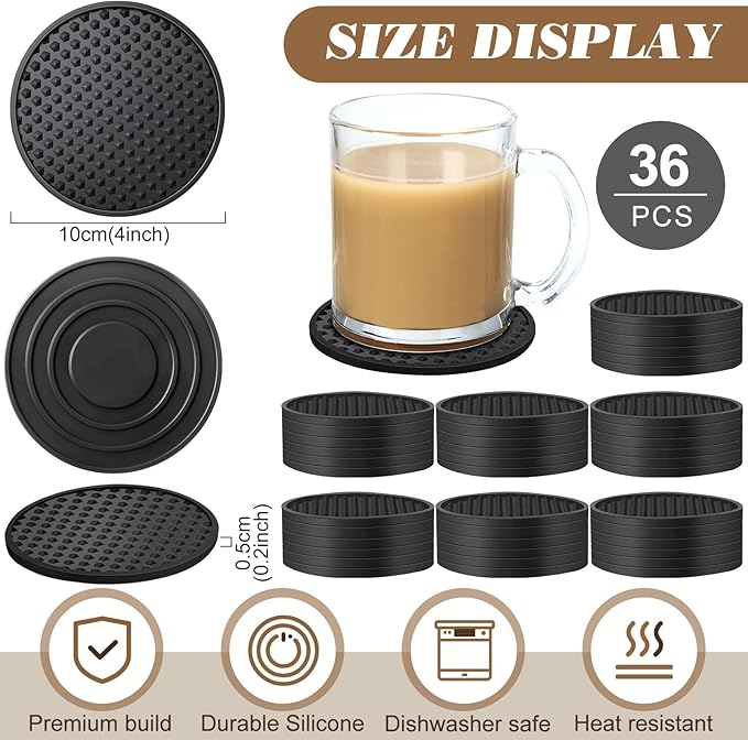 Eccliy 36 Pack Silicone Coasters for Drinks Nonslip Silicone Drink Coasters Cold Hot Heat Resistant for Table Tabletop Coffee Bar (Black)