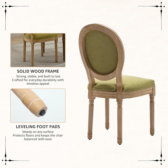 Vintage French Dining Chairs Set of 6, Round Back Upholstered Accent Chairs in Linen Fabric with Solid Wood Frame, Farmhouse Sillas de Comedor for Dining Room & Kitchen, Olive Green