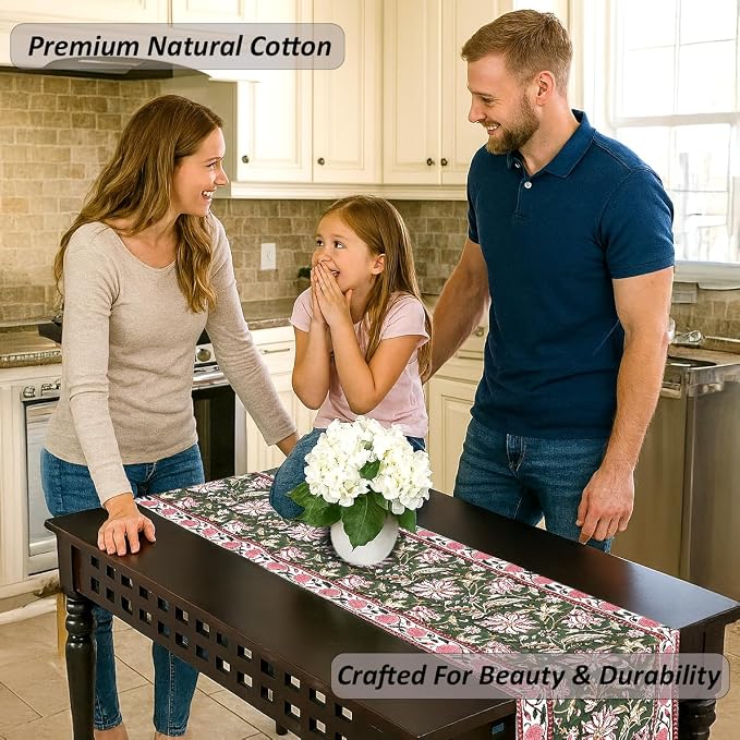 Hunter Green Hand Block Print 100% Cotton Reusable Table Runner 16" X 70" - Image 2