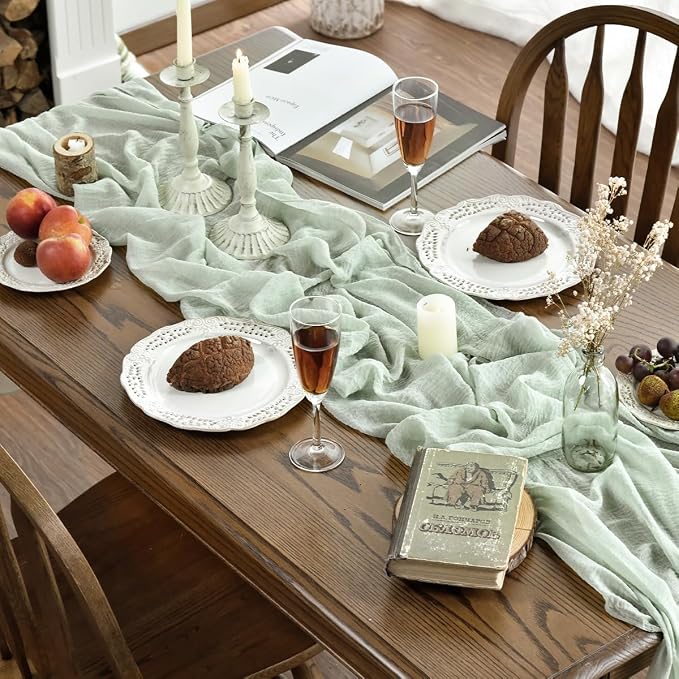 Artoid Mode Boho Cheesecloth Gauze Sage Green Wedding Table Runner, 120 Inch - Image 3