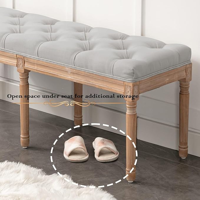 Bonzy Home 47” Bedroom Bench,French Vintage Tufted Entryway Benches Upholstered Dining Benches with Cushion,Linen Fabric End of Bed Bench for Bedroom Living Room Entryway, Gray