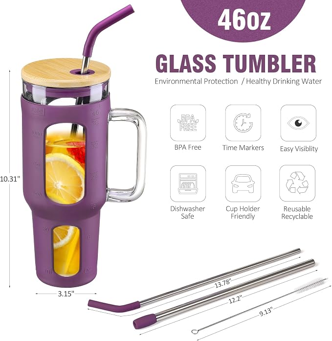 WINSA Glass Tumbler with Lid and Straw, 46 oz, Dark Purple | Iced Coffee Cup - Image 4
