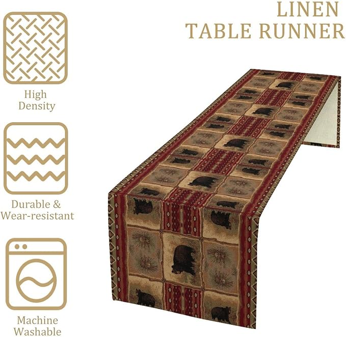 Rustic Bear Table Runner, Retro Vintage Bear Country Cabin Cottage Pine Tree - Image 4