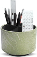 Hennaja Round Leather Art Supply Organizer,Remote Control Holder,360 Degree Spinning,Multi-Functional Pencil Holder,4 Compartments Desktop Stationary Organizer(1-Hill Green)