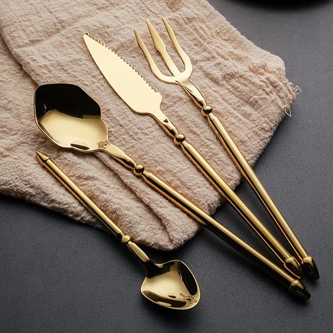 Gold Silverware Set for 16 Durable 18/10 Stainless Steel Flatware Set Creative Styles 64 Piece Modern Cutlery Tableware Utensils Set for Home Kitchen Wedding Restaurant Knives forks and Spoons