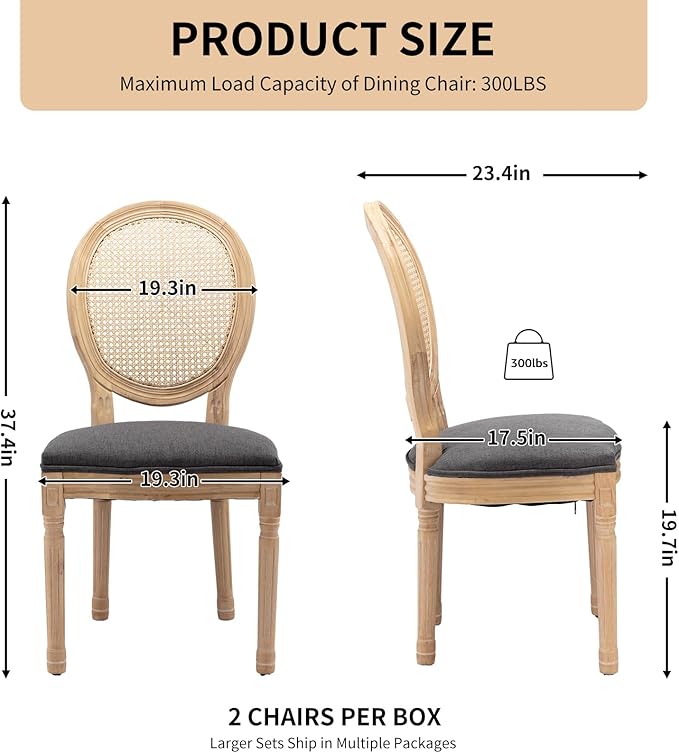 Vintage French Rattan Dining Chairs Set of 6, Solid Wood Frame with Round Rattan Back and Linen Upholstered Seat, Farmhouse Accent Sillas de Comedor Side Chairs for Dining Room & Kitchen, Gray