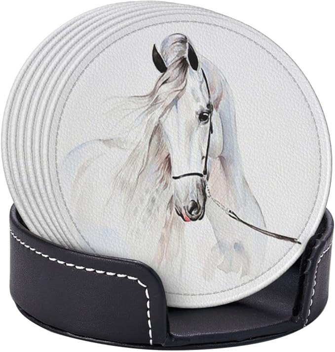 6 Pcs White Horse Animal Leather Coasters - Image 3