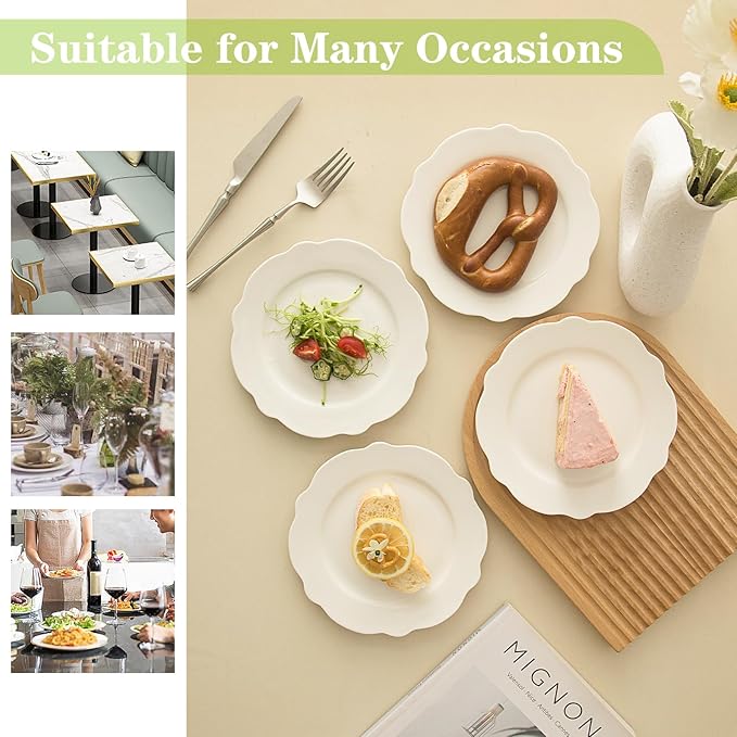 TAMAYKIM 7.5 Inch Porcelain Dessert Plates, Set of 12 - White Lotus Shape with Wavy Rim - Stackable Salad, Bread, Appetizer Serving Dishes, Scratch Resistant, Microwave Oven & Dishwasher Safe