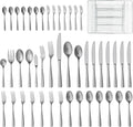 HIKAA Forged Silverware Set Stainless Steel Flatware Set,Service for 8,Matte Satin Polished Cutlery Set, with Serving Set and Metal Organizer (Matte Silver 45PCS)