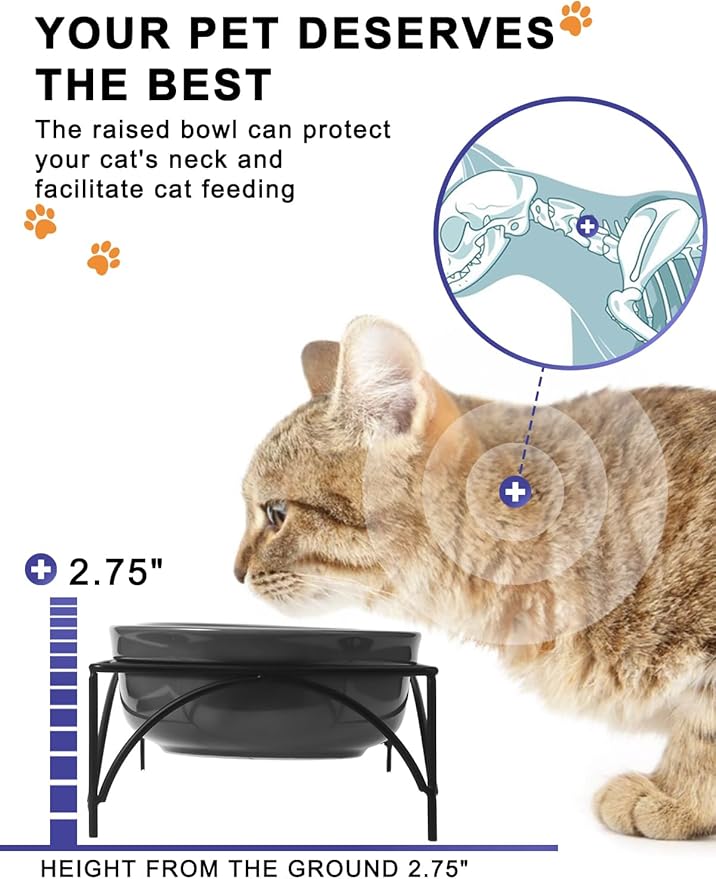 Y YHY Dog & Cat Food Bowls,12 OZ(1.5 Cup) Ceramic Raised Pet Bowls for Food and Water, Two Elevated Pet Dishes Bowls 2.75” Height Sturdy Metal Stand, Grey