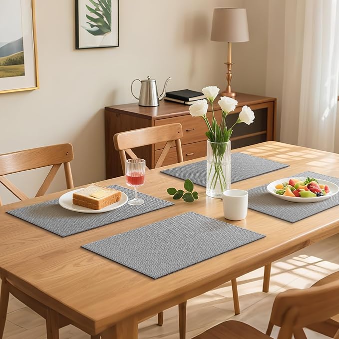 Blue Forest Placemats Set of 4, Dual-Layered Thickened Faux Linen Table Mats Heat Resistant Machine Washable Wrinkle Free Place Mats for Kitchen Dining Outdoor/Indoor (Light Grey)