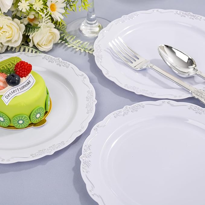 DaYammi 60PCS White and Silver Plastic Plates, Heavy Duty White and Silver Disposable Plates Premium 7.5inch White Dessert Cake Salad Appetizer Platos Hard Plastic Platos Disposable for Party Wedding