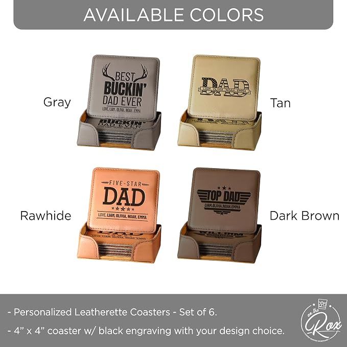 Personalized Dad Leatherette Coasters- Set of 6 Custom Dad Gift - Image 2