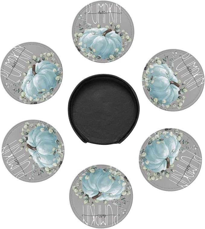 6 Pcs Fall Blue Pumpkin Eucalyptus Leaves Grey Leather Coasters - Image 7