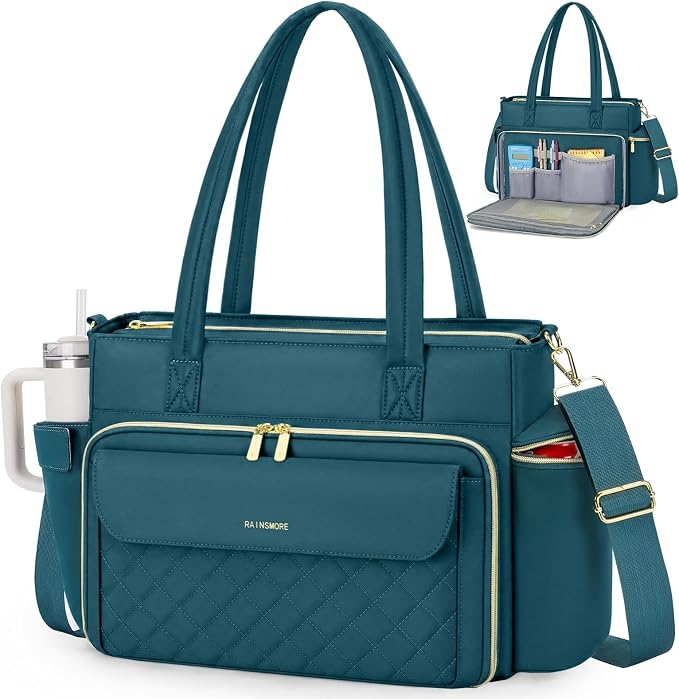 RAINSMORE Teacher Bag for Women, 15.6" Laptop Work Tote, 40oz Cup Holder | by RAINSMORE