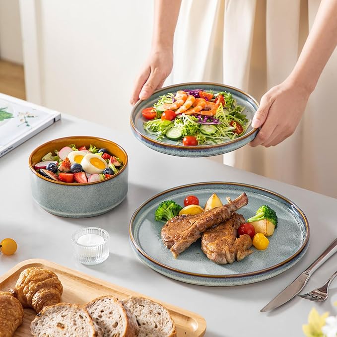 vancasso ONION Ceramic Plates and Bowls Sets, 12 Pieces Light Blue Dinnerware - Image 6