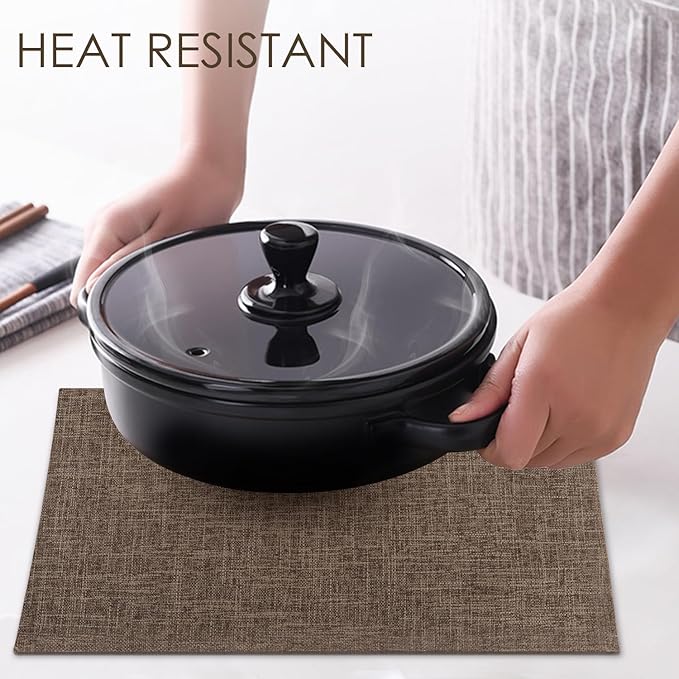 Placemats Set of 8, Faux Linen Dining Table Mats Heat Resistant Placemats for Kitchen Table, Washable Anti-Slip Place Mats, Kitchen Placemats Easy to Clean(Dark Brown)