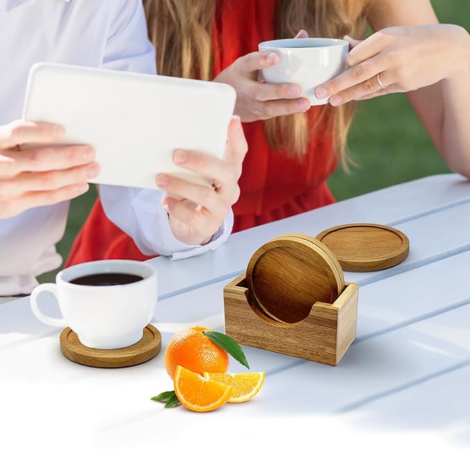 Acacia Wood Coaster Set of 4 with Holder, Non-Slip Heat-Resistant Wooden Coasters, Modern Decorative Coasters for Coffee Table, Dining Table & Kitchen Accessories