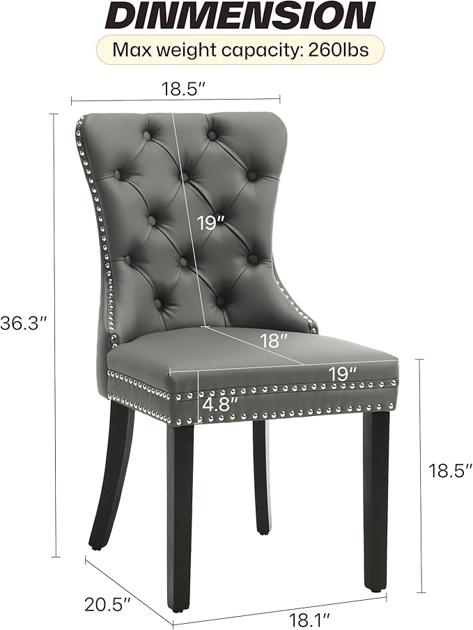 KCC Faux Leather Dining Chairs Set of 2, Upholstered High-end Tufted Dining Room Chair with Nailhead Back Ring Pull Trim Solid Wood Legs, Contemporary Nikki Collection Modern Style for Kitchen, Gray