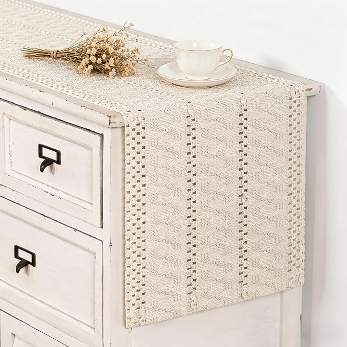 Ivory Boho Table Runner Farmhouse Macrame Woven Table Runner 12x60 Inch | Small - Image 2