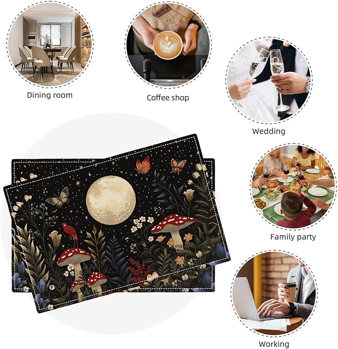 Mushroom Botanical Placemats Set of 6, Mushroom Plants Leaves Butterfly Place Mats, Moon Waterproof Washable Table Mats for Home Party Indoor Kitchen Dining Table Decoration 12x18 Inch
