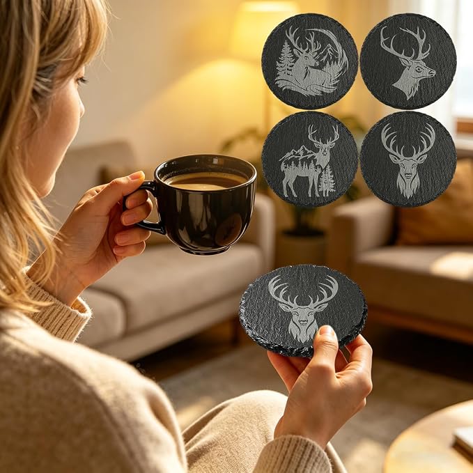 4Pcs Slate Coasters with Deer Pattern, Round 3.94 inch Cup Mats - Image 3