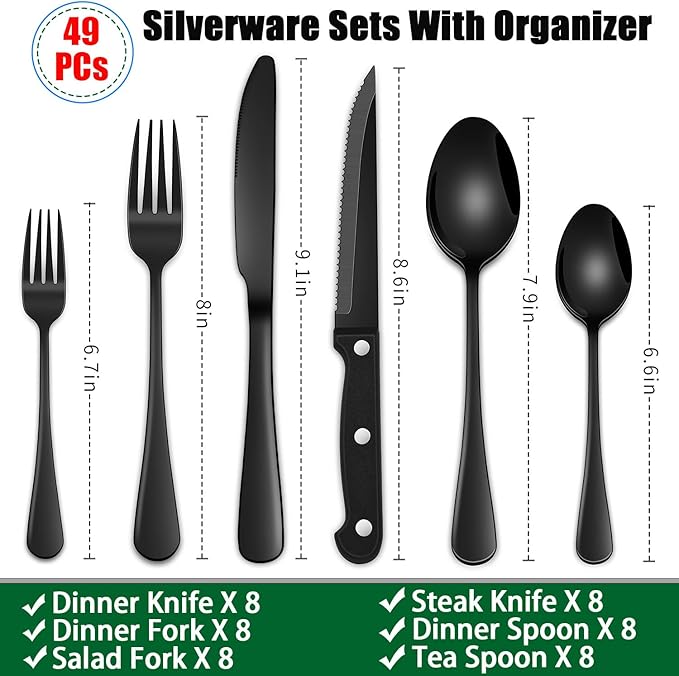 Black 49 Pieces Stainless Steel Flatware Sets With Organizer,Black Silverware Sets With Steak Knives Service For 8,Black Tableware Cutlery Sets For Home Kitchen