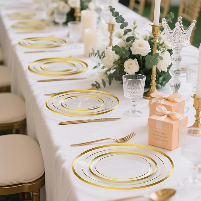 200 PCS Clear Gold Plastic Plates, Gold Rimmed Disposable Party Plates Include 100 Dinner Plate and 100 Dessert Plate Perfect for Party, Holiday, Birthday, Wedding