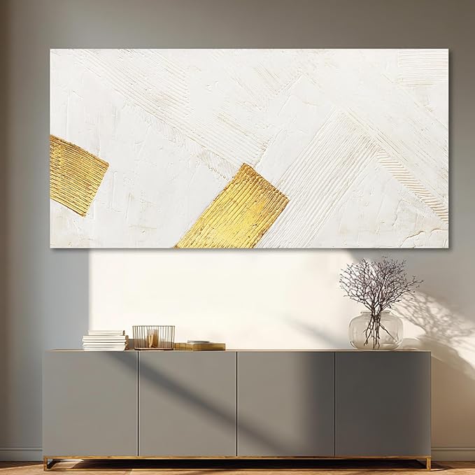 YJYart White Wall Art Hand Paintings Wall Decor Gold Pictures Abstract Canvas Arts 24"x48" for Living Room Dinning Room