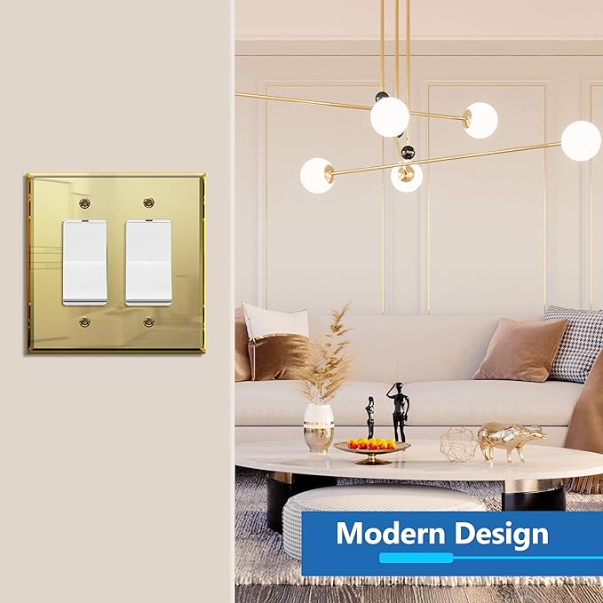 LIDER Reflective Acrylic Decorator Wall Plate, Mirrored Light Switch Plate, Plexiglass Outlet Cover, Acrylic Glass, Oversized 2-Gang 5.25" x 5.25", LWP-32O-AGD5P, Gold, 5 Pack