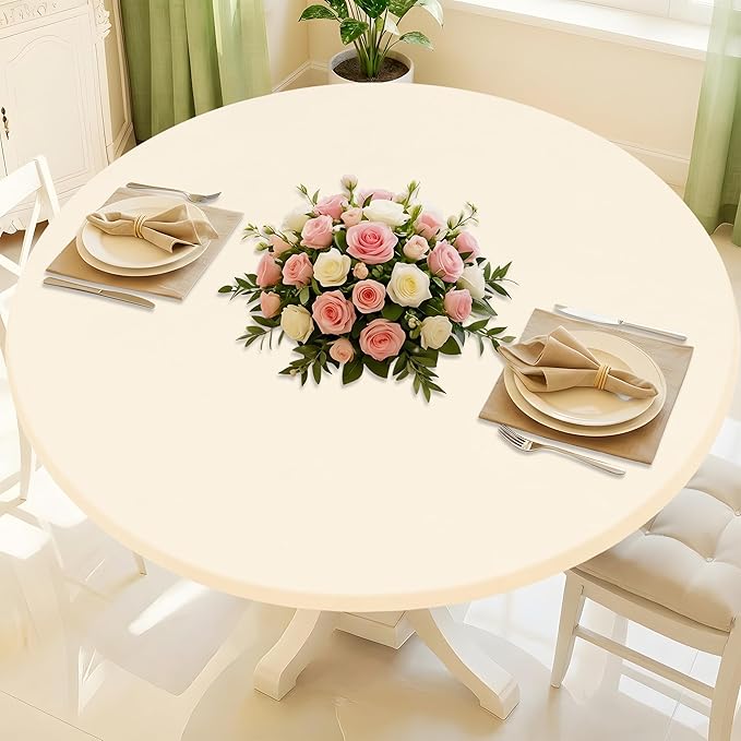 Round Spandex Tablecloth, Elastic Fitted Waterproof Tablecloths for 25"-30" Tables, Stretch Washable Picnic Table Cover for Camping, Dining, Indoor and Outdoor, Beige