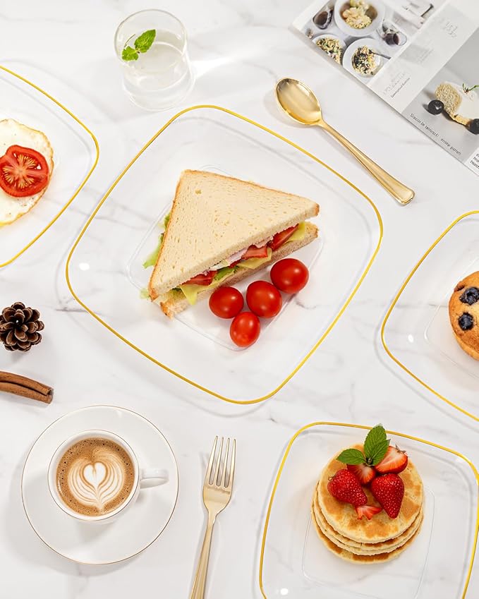 bUCLA 100PCS Clear and Gold Plastic Plates Disposable - Square Gold Heavy Duty - Include 50 Each (Dinner & Dessert) Plates for Party & Thanksgiving