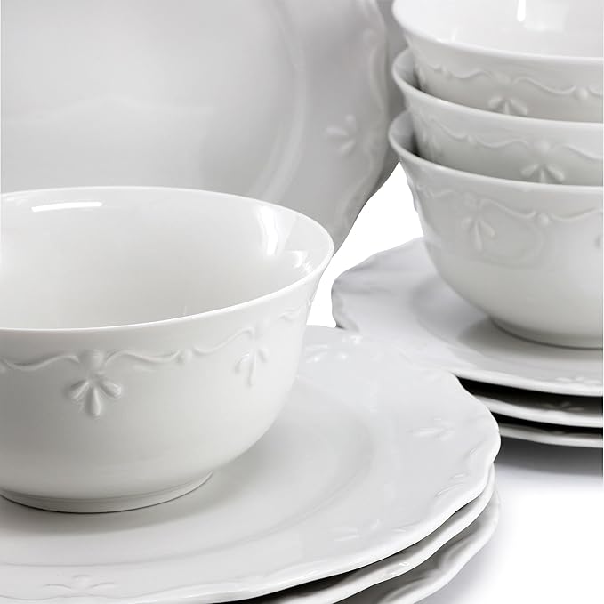 Elama Henryi 16 Piece Embossed Rim Detail Porcelain White Dinnerware Set - Image 5