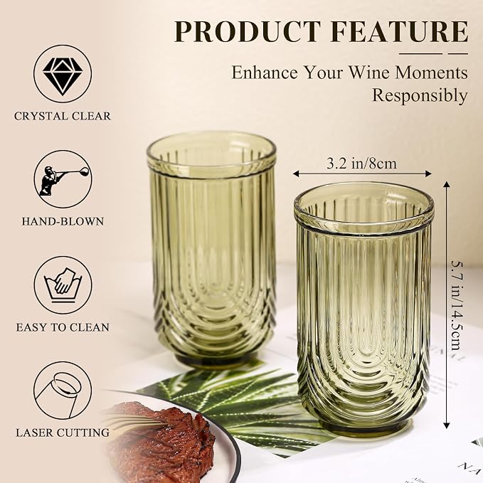 Green Vintage Drinking Glasses Set of 6-17oz Hand-Blown Highball Ribbed - Image 3