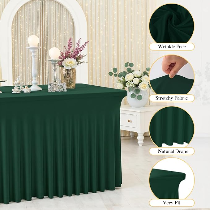 6 Pack Dark Green Rectangle Tablecloth with Elastic Table Skirt – 6FT Fitted Spandex Table Cover, 72 Inch Wrinkle-Resistant & Stretchable for Christmas Party Banquet Buffet Restaurant