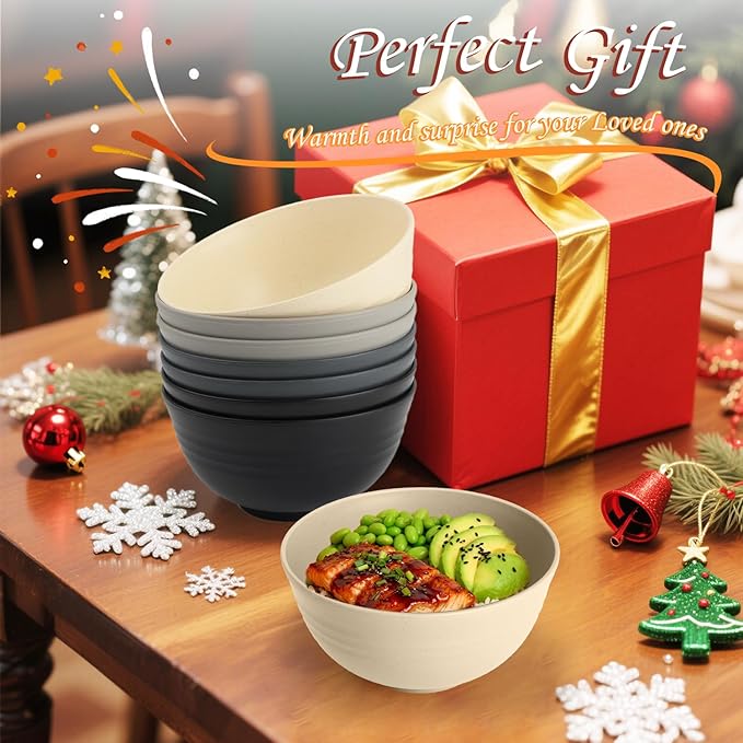 Homienly Premium Wheat Straw Bowls 8 PCS Unbreakable Bowl for Kitchen Cereal Bowls Lightweight Bowl Set, Reusable Microwave and Dishwasher Safe Bowl Set for Soup,Ramen,Salad(Grey Stone, 26 OZ)