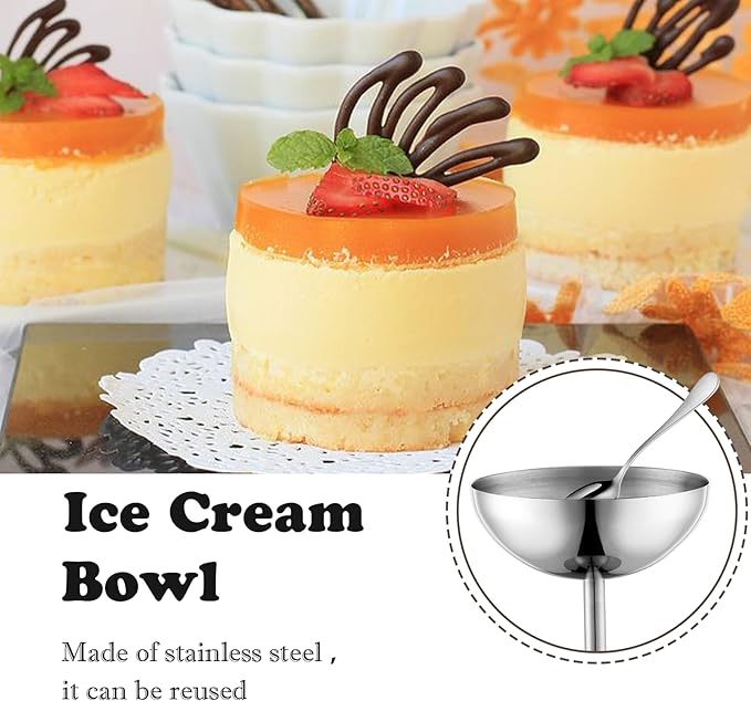 Ice Cream Bowls Stainless Steel Dessert Cups with Spoons Reusable Footed Sundae Cups Ice Cream Cups for Dessert, Frozen Yogurt, Gelato, Birthday Party Decorations (2, Silver)