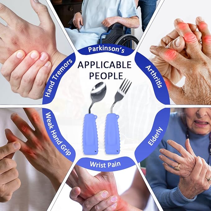 Adaptive Utensils,Curved Angled Spoon and Fork Set,for Tremors Parkinsons Limited or Elderly,Lightweight Cutlery with Non-Slip Easy Grip Handles
