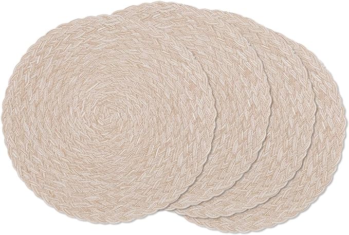 SHACOS Round Braided Placemats 15 inch Set of 4 Boho Woven Washable Kitchen Table Placemats for Home Wedding Party (T-Beige, 4)