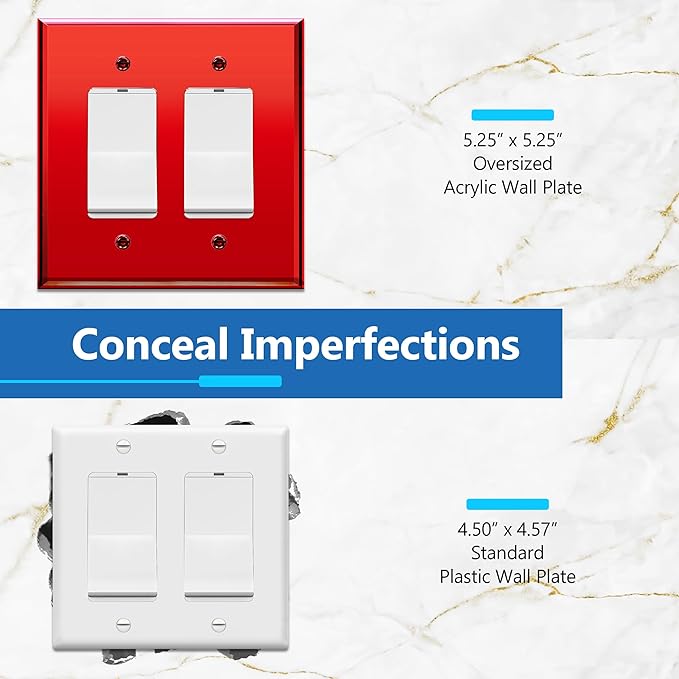 LIDER Reflective Acrylic Decorator Wall Plate, Mirrored Light Switch Plate, Plexiglass Outlet Cover, Acrylic Glass, Oversized 2-Gang 5.25" x 5.25", LWP-32O-ARD5P, Red, 5 Pack
