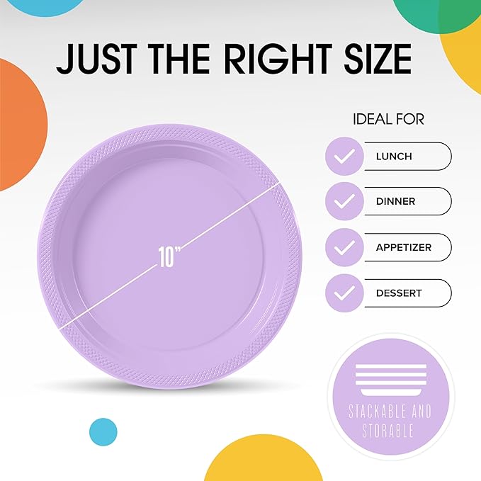 Party Solids Lavender Plastic Plates For Party 10" Lavender Disposable Plates Heavy Duty 100 Pcs Plastic Dinnerware Sets Heavy Duty 350 GSM Disposable Dinnerware Set