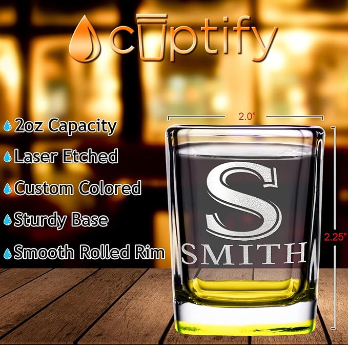 Personalized Square Shot Glasses Set of 12 Yellow Bottom 2oz Engraved Initial and Name Custom Gifts, Weddings, Birthdays, Party, Event, Decorations