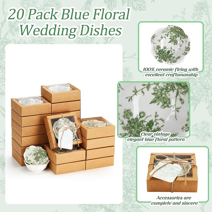 20 Pack Wedding Favors for Guests Small Ceramic Bowls Bulk Gifts Set 3.3 Inch Sage Green Verdure Design Mini Dipping Bowl Sauce Dish with Cards Box for Party Shower Favor Souvenir