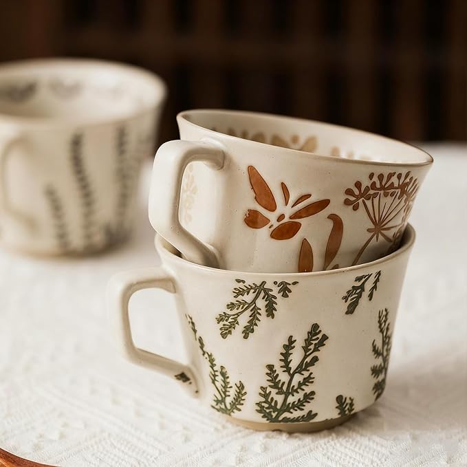 Vintage Ceramic Mug Set - 12 oz Unique Ceramic Coffee Mugs & Tea Cups - Image 3