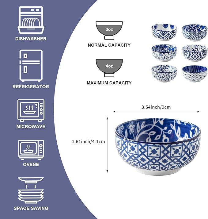 Ceramic Dipping Bowls Set - Mini 4 Oz Dessert Bowls - Small 3.5 Inch Porcelain Bowls for Side Dishes, Snack, Yogurt, Appetizer - Microwave Dishwasher Safe - Set of 6 - Vintage Blue