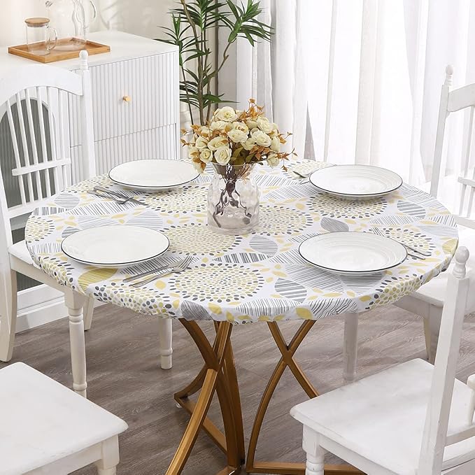 Walrus Round Vinyl Fitted Tablecloth with Flannel Backing Elastic Edge Design Table Cover Waterproof Oil-Proof PVC Table Cloth Stain-Resistant Best for 45"-56" Round