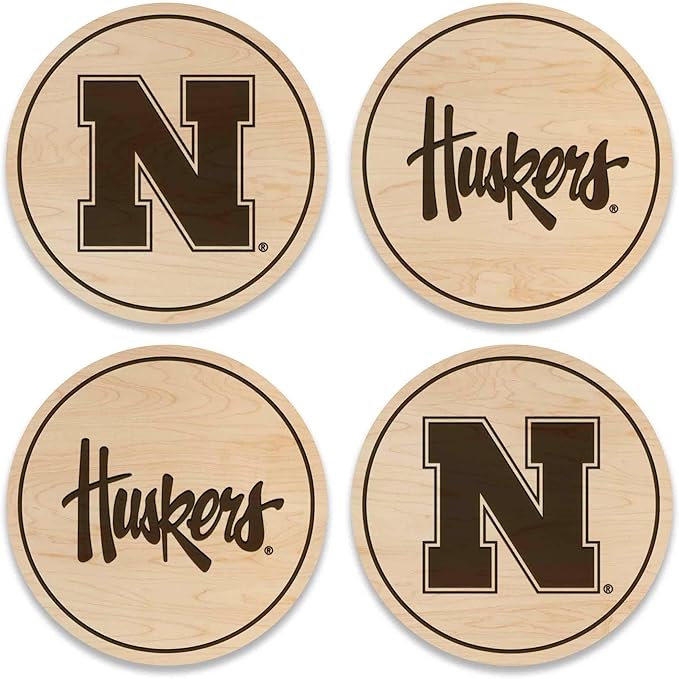 LazerEdge Nebraska Huskers Wooden Coaster Set - Maple Wood - Officially Licensed Product - 4-Pack